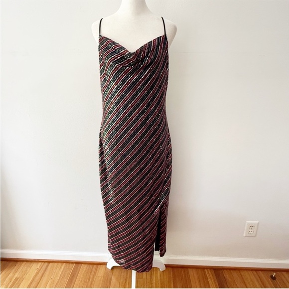 Vintage Women Y2K Sequin Stripe Drape Midi Dress Sz 8 Glam Whimsy Evening Baddie